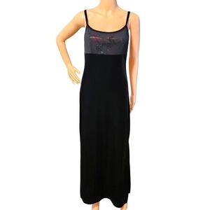 VTG 579 Black Velvet Evening Gown Sz 1 Floral Shimmer Bodice Slit Whimsigoth 90s